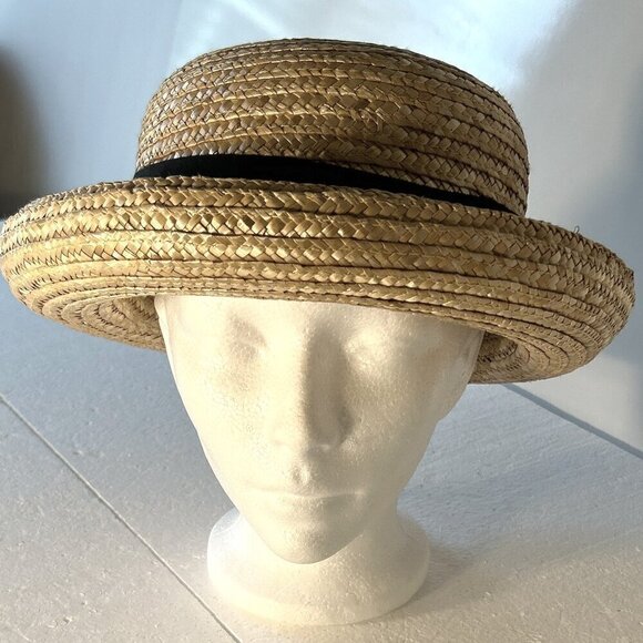 Bowler Style Straw Hat Black Ribbon 22.5" classic French vintage cottage core - Picture 3 of 8